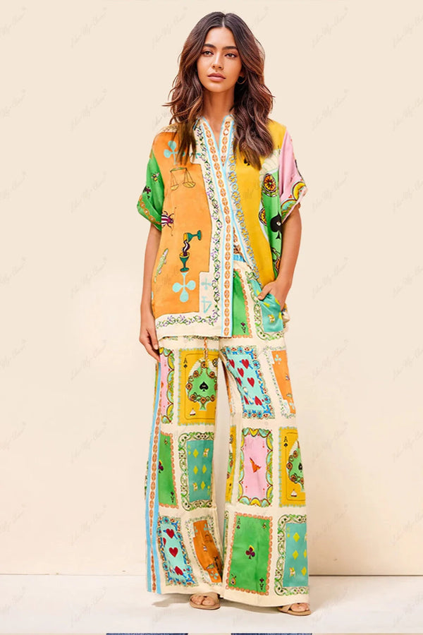 Chic Short-Sleeve Two-Piece Set with Elegant Print for Women
