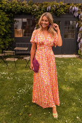 Timeless V-Neck Maxi Dress with Short Sleeves and Floral Pattern
