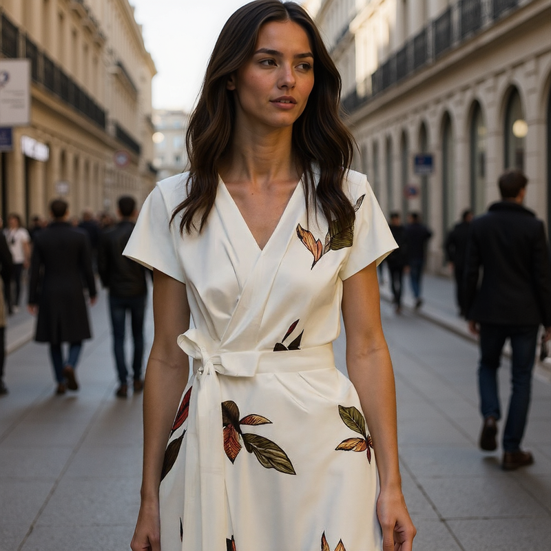 Vibrant Leaf Print Midi Dress with V-Neck for Women