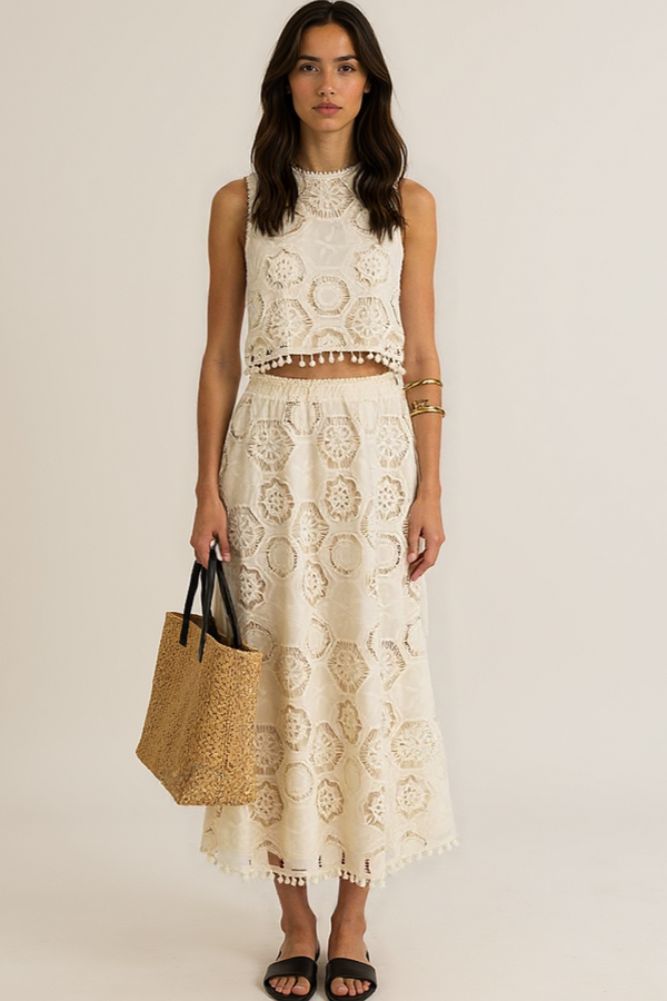 Bohemian Lace Tank Top en Rok Set voor Dames - Elegante Zomer Outfit met Franje en Keyhole Rug