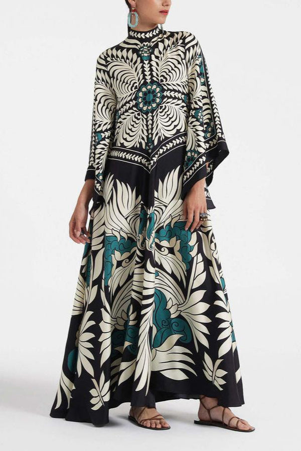 Bloemenprint Maxi Jurk met Opstaande Kraag en Strikbanden – Losse Pasvorm voor Dames, Perfect voor Zomer en Feestjes 0