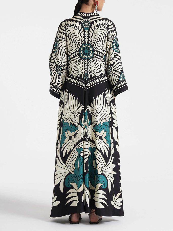Bloemenprint Maxi Jurk met Opstaande Kraag en Strikbanden – Losse Pasvorm voor Dames, Perfect voor Zomer en Feestjes 2