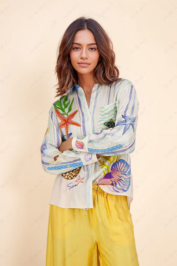 Blouse Dames met Vrolijke Zeesterrenprint – Zomer Katoenen Casual Blouse in Multicolor 0