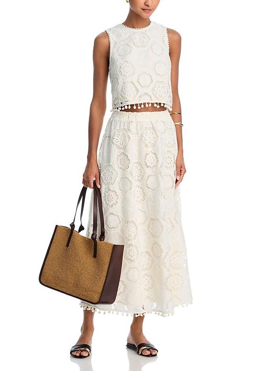 Bohemian Lace Tank Top en Rok Set voor Dames - Elegante Zomer Outfit met Franje en Keyhole Rug 0