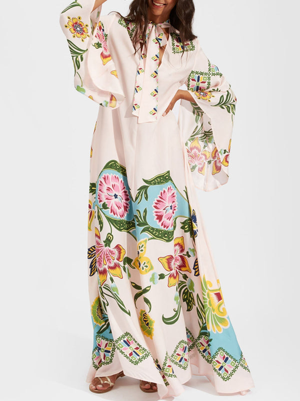 Bohemian Maxi Jurk met Bloemenprint en Lange Mouwen