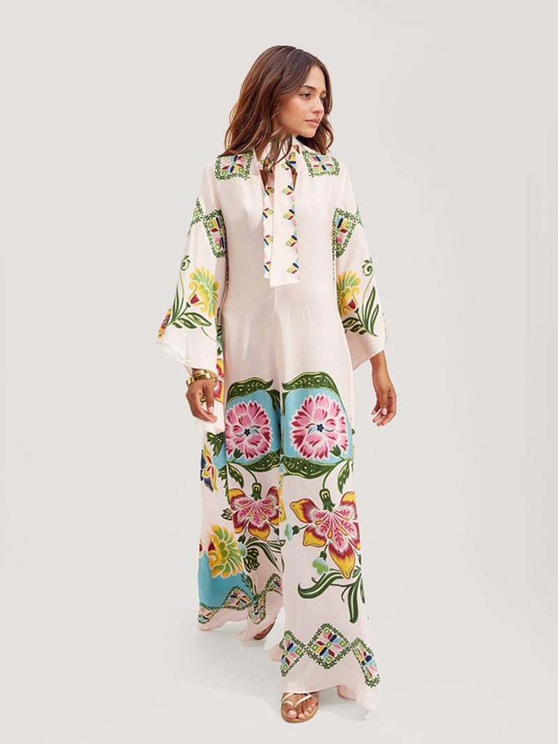 Bohemian Floral Maxi Dress with Long Sleeves for Women