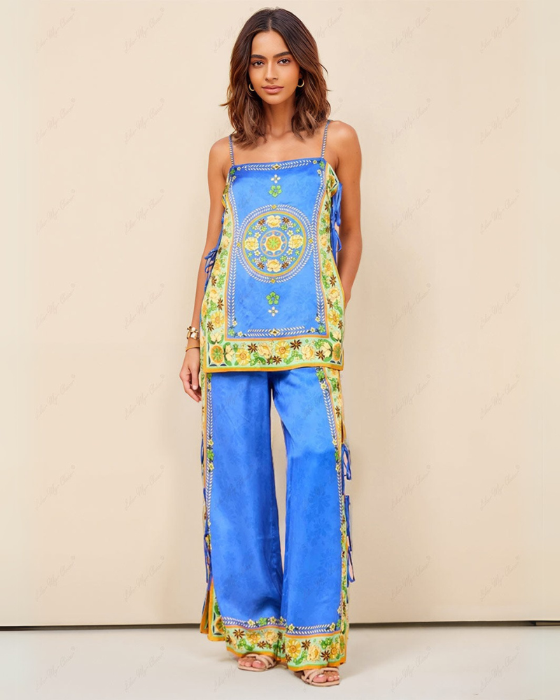 Elegante Camisole en Wijde Broek Set met Mosaïekpatroon – Ademend en Zijdezacht voor Dagelijkse en Avondkleding 2