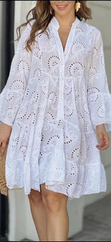 Elegante Lange Dames Jurk met Ballonmouwen en Kantdetails voor Zomer - Lichtgewicht en Relaxte Pasvorm 0