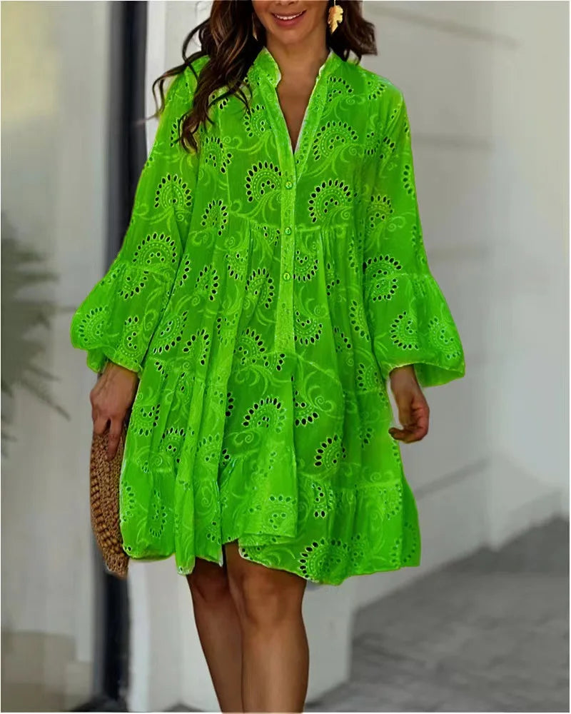 Elegante Lange Dames Jurk met Ballonmouwen en Kantdetails voor Zomer - Lichtgewicht en Relaxte Pasvorm 10