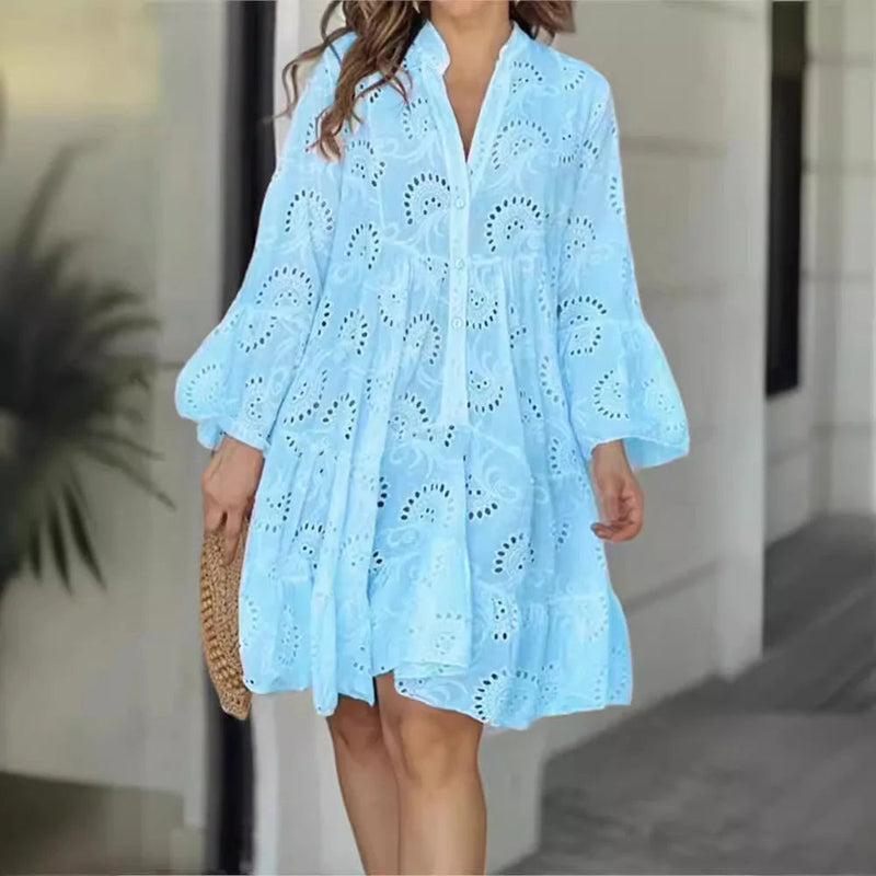Elegante Lange Dames Jurk met Ballonmouwen en Kantdetails voor Zomer - Lichtgewicht en Relaxte Pasvorm 1