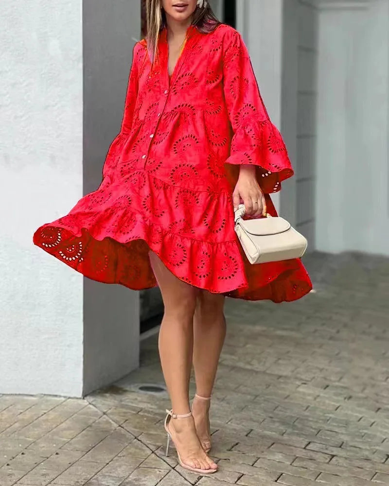 Elegante Lange Dames Jurk met Ballonmouwen en Kantdetails voor Zomer - Lichtgewicht en Relaxte Pasvorm 2