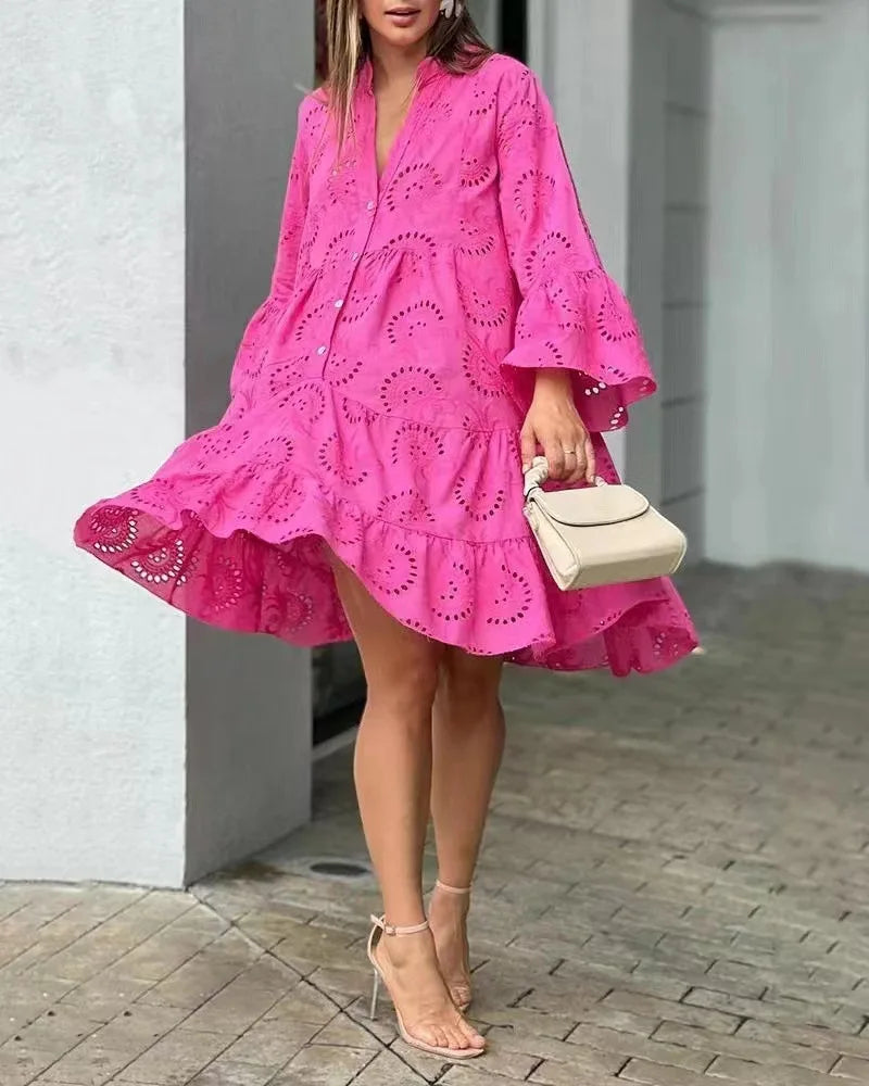 Elegante Lange Dames Jurk met Ballonmouwen en Kantdetails voor Zomer - Lichtgewicht en Relaxte Pasvorm 6