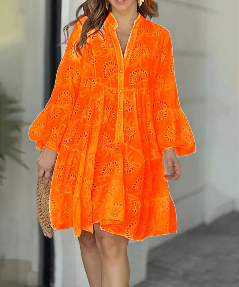 Elegante Lange Dames Jurk met Ballonmouwen en Kantdetails voor Zomer - Lichtgewicht en Relaxte Pasvorm 8