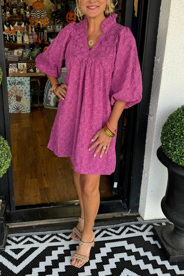 Elegante Midi Jurk Dames met Bloemenborduursel en Ballonmouwen - Luchtige Midi Jurk met Lange Mouwen voor Zomergelegenheden 0