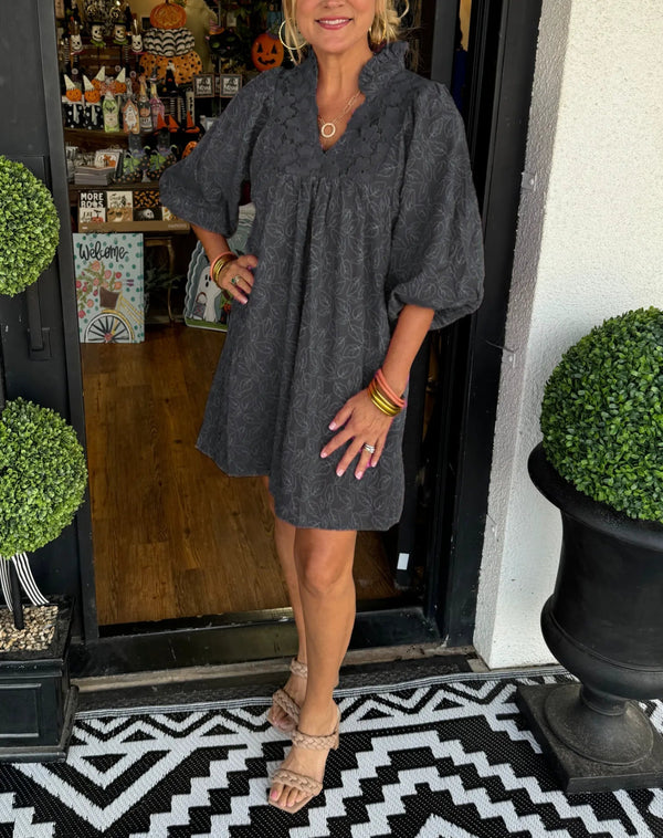 Elegante Midi Jurk Dames met Bloemenborduursel en Ballonmouwen - Luchtige Midi Jurk met Lange Mouwen voor Zomergelegenheden 1