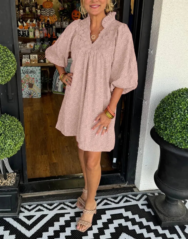 Elegante Midi Jurk Dames met Bloemenborduursel en Ballonmouwen - Luchtige Midi Jurk met Lange Mouwen voor Zomergelegenheden 2