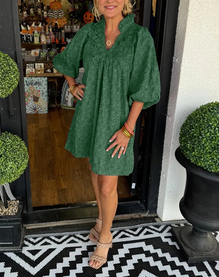 Elegante Midi Jurk Dames met Bloemenborduursel en Ballonmouwen - Luchtige Midi Jurk met Lange Mouwen voor Zomergelegenheden 3