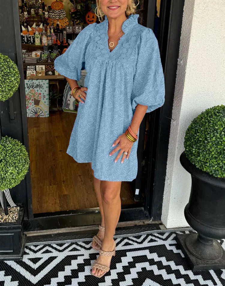 Elegante Midi Jurk Dames met Bloemenborduursel en Ballonmouwen - Luchtige Midi Jurk met Lange Mouwen voor Zomergelegenheden 4