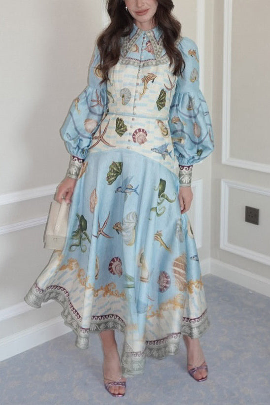 Elegante Midi Jurk Dames met Diepzee Bloemenprint en Enkele Knopen – Zomerjurk voor Feesten en Casual Gelegenheden 0