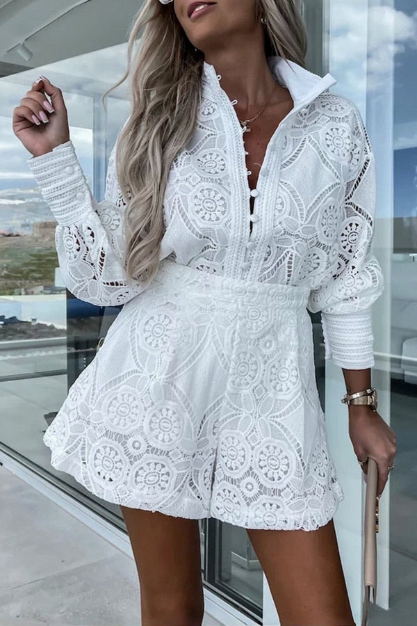 Elegante Twee-delige Lace Set voor Vrouwen – Hoge Taille Shorts en Blouse in Wit voor Bruiloften en Avondfeesten 0