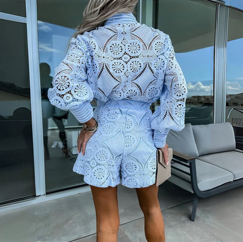 Elegante Twee-delige Lace Set voor Vrouwen – Hoge Taille Shorts en Blouse in Wit voor Bruiloften en Avondfeesten 8