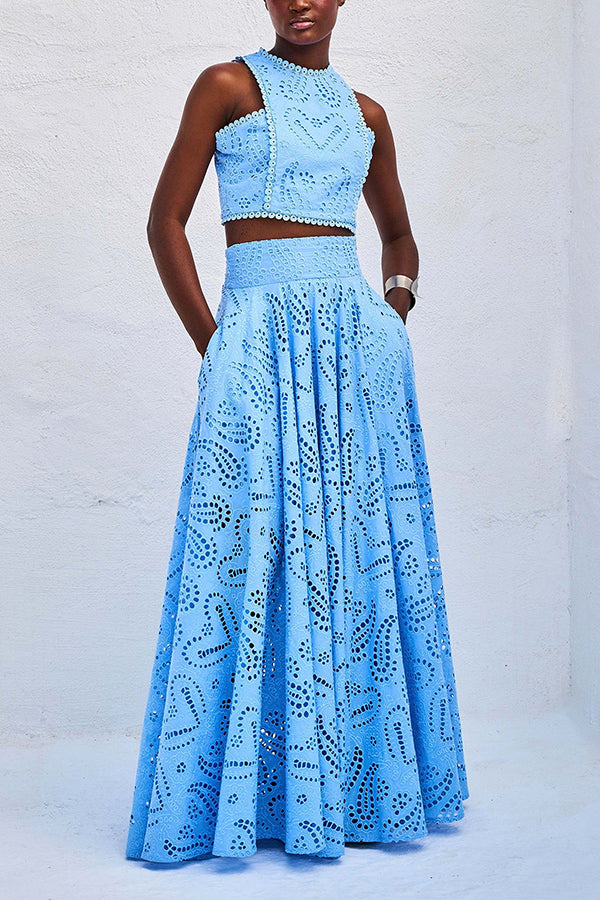 Elegante Tweedelige Set Dames met Kanten Details – Hoge Taille Cropped Top en Wijde Rok voor Zomerfeest 0