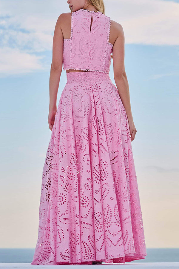 Elegante Tweedelige Set Dames met Kanten Details – Hoge Taille Cropped Top en Wijde Rok voor Zomerfeest 10