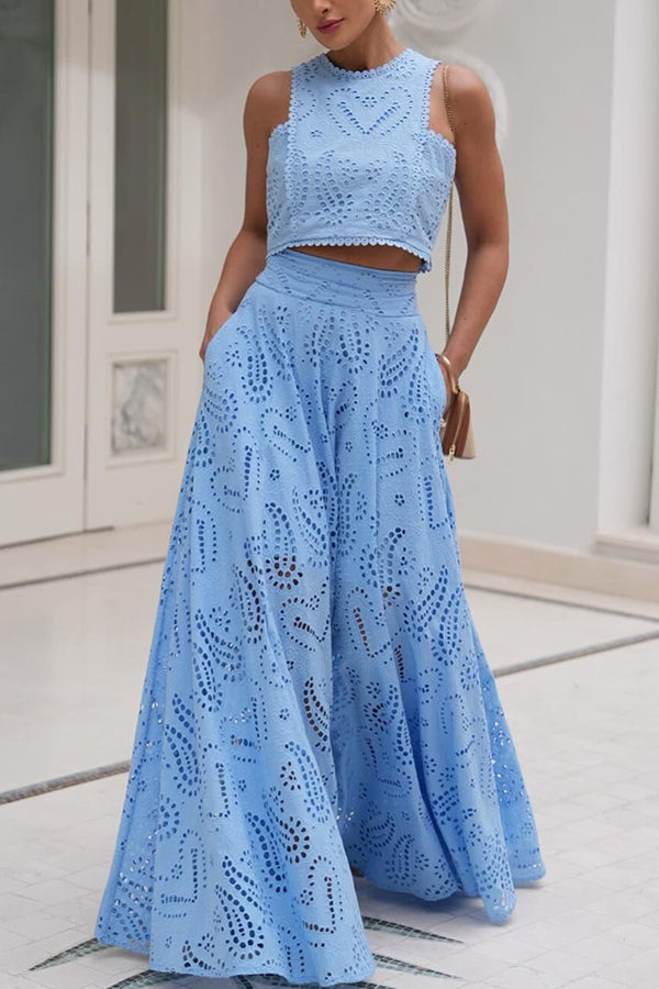 Elegante Tweedelige Set Dames met Kanten Details – Hoge Taille Cropped Top en Wijde Rok voor Zomerfeest 1