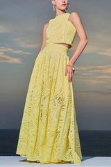 Elegante Tweedelige Set Dames met Kanten Details – Hoge Taille Cropped Top en Wijde Rok voor Zomerfeest 3