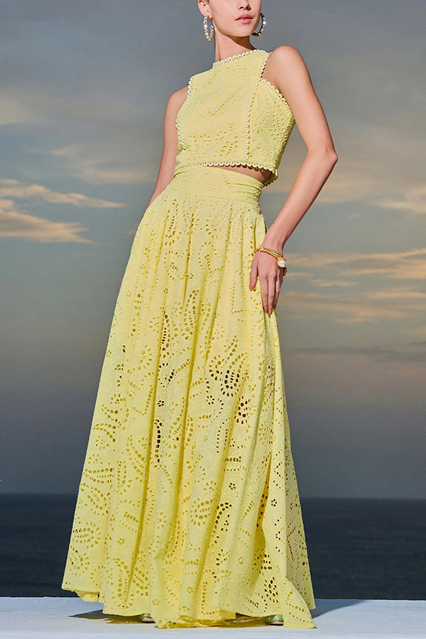 Elegante Tweedelige Set Dames met Kanten Details – Hoge Taille Cropped Top en Wijde Rok voor Zomerfeest 3