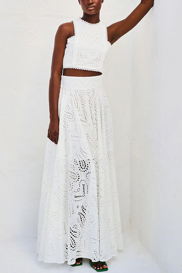 Elegante Tweedelige Set Dames met Kanten Details – Hoge Taille Cropped Top en Wijde Rok voor Zomerfeest 4