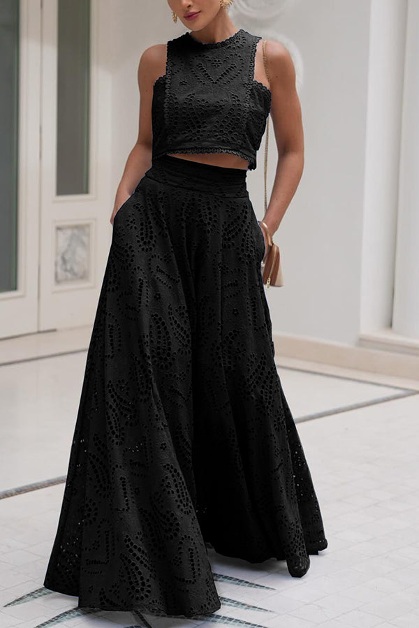 Elegante Tweedelige Set Dames met Kanten Details – Hoge Taille Cropped Top en Wijde Rok voor Zomerfeest 5