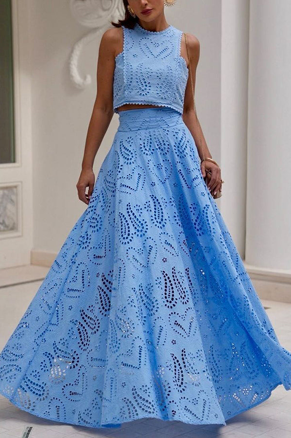 Elegante Tweedelige Set Dames met Kanten Details – Hoge Taille Cropped Top en Wijde Rok voor Zomerfeest 7