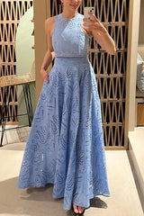 Elegante Tweedelige Set Dames met Kanten Details – Hoge Taille Cropped Top en Wijde Rok voor Zomerfeest 9