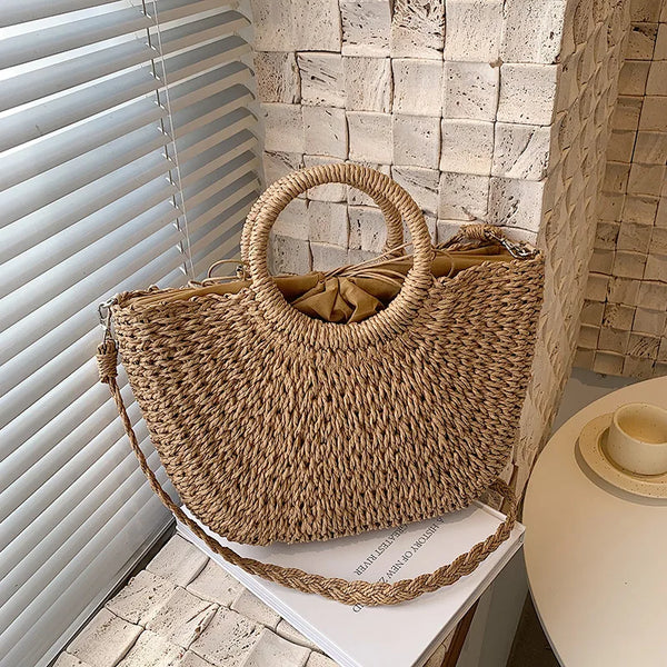 Handgemaakte Stro Woven Handtas Dames – Ruime Zomer Strandtas met Comfortabele Handvatten in Natuurlijk Beige 0