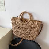Handgemaakte Stro Woven Handtas Dames – Ruime Zomer Strandtas met Comfortabele Handvatten in Natuurlijk Beige 1
