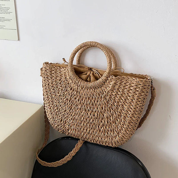 Handgemaakte Stro Woven Handtas Dames – Ruime Zomer Strandtas met Comfortabele Handvatten in Natuurlijk Beige 1