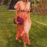 Timeless V-Neck Maxi Dress with Short Sleeves and Floral Pattern