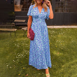 Timeless V-Neck Maxi Dress with Short Sleeves and Floral Pattern