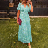Timeless V-Neck Maxi Dress with Short Sleeves and Floral Pattern