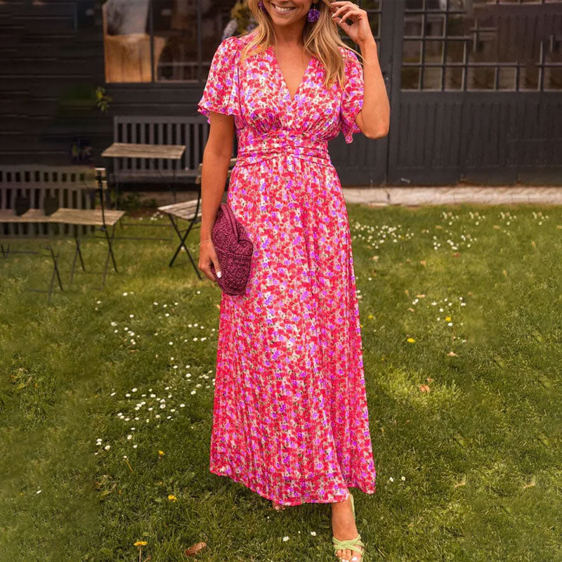 Timeless V-Neck Maxi Dress with Short Sleeves and Floral Pattern