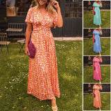 Timeless V-Neck Maxi Dress with Short Sleeves and Floral Pattern