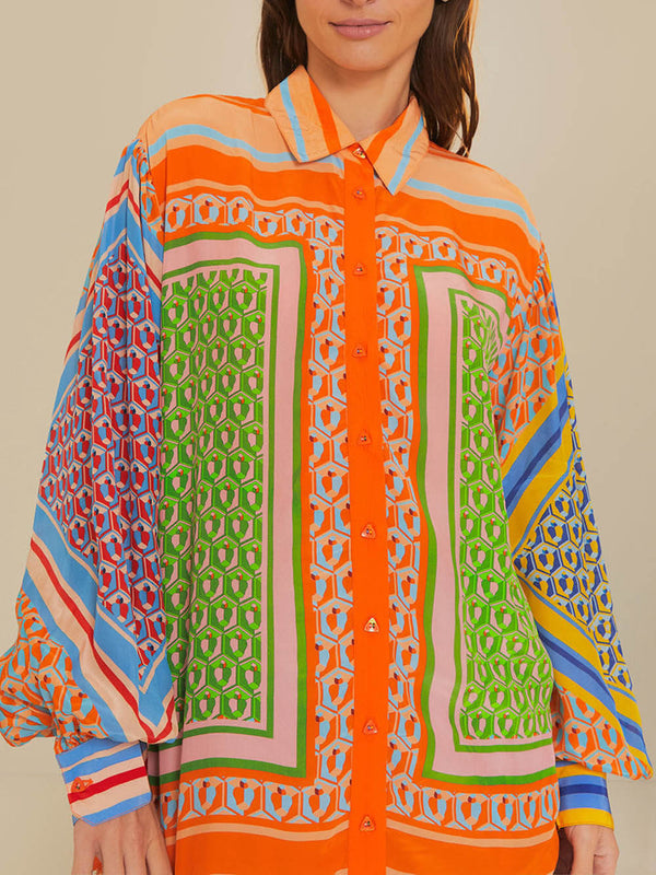 Kleurige Losse Shirt met Unieke Print en Ballonmouwen – Ademend Polyester, Casual en Comfortabel 0