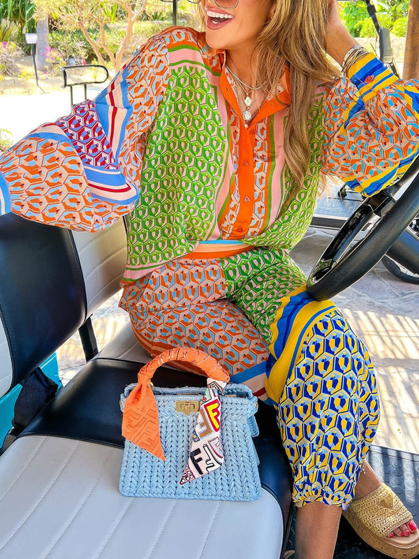 Kleurige Losse Shirt met Unieke Print en Ballonmouwen – Ademend Polyester, Casual en Comfortabel 1
