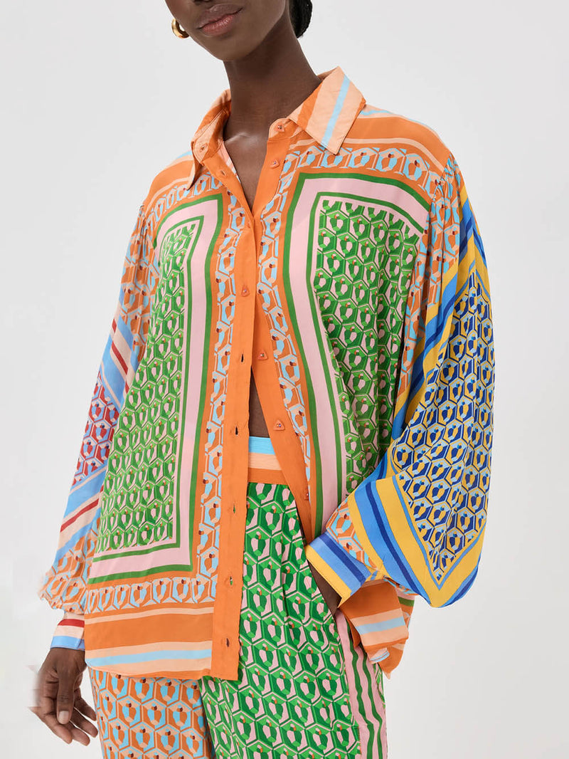 Kleurige Losse Shirt met Unieke Print en Ballonmouwen – Ademend Polyester, Casual en Comfortabel 2