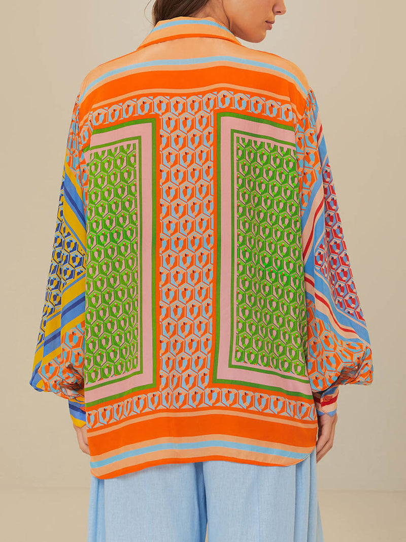 Kleurige Losse Shirt met Unieke Print en Ballonmouwen – Ademend Polyester, Casual en Comfortabel 5