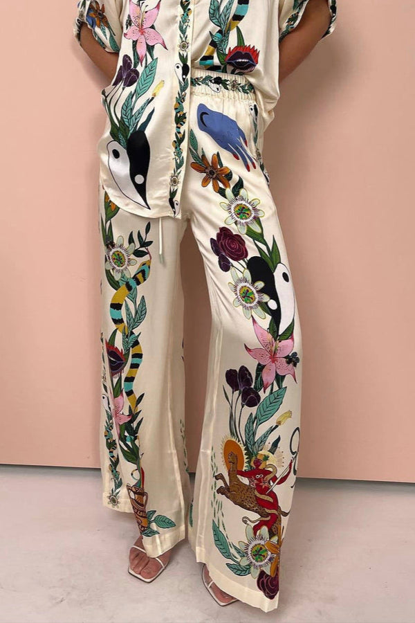 Luxurious Satin Wide-Leg Pants with Unique Print for Summer Elegance