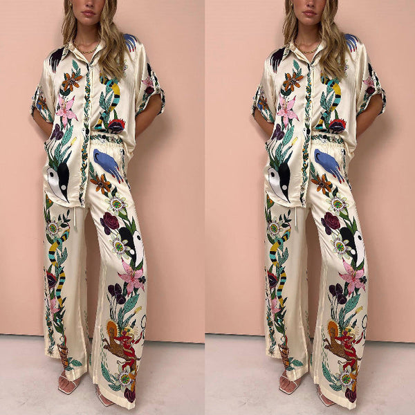 Luxurious Satin Wide-Leg Pants with Unique Print for Summer Elegance