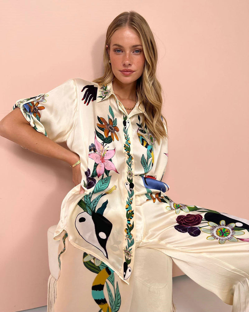 Luxurious Satin Wide-Leg Pants with Unique Print for Summer Elegance