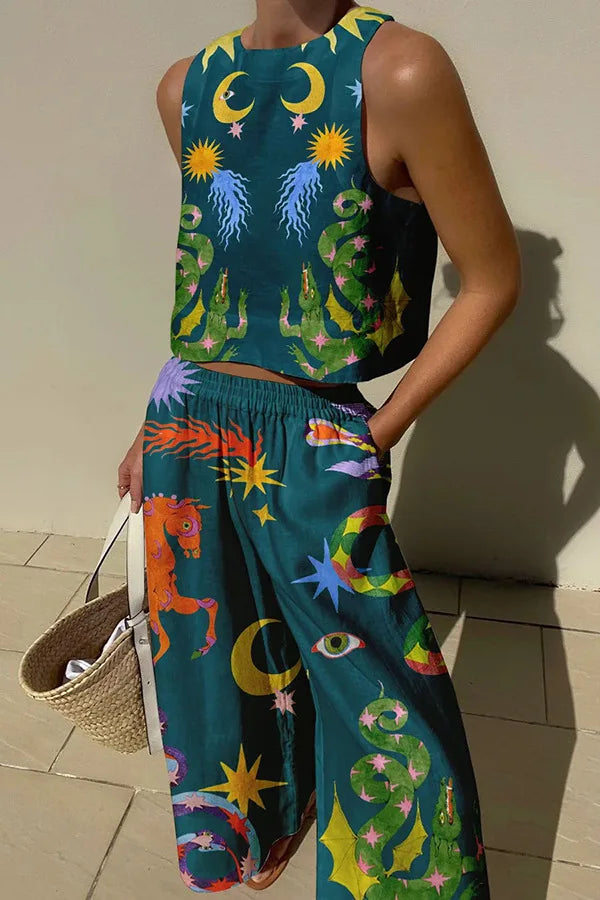 Trendy Women's Two-Piece Beach Cover-Up Set with Top and Wide-Leg Pants